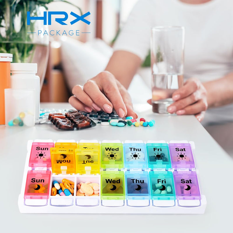 HRX Package Medicine Pill Boxes 7 Day AM/PM, Easy Fill & Open Medication Organizer Vitamin Reminder Holder Day and Night Colorful