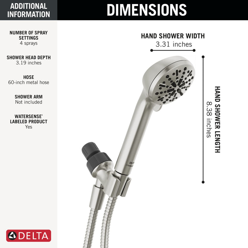 DELTA FAUCET -faucet 4-Spray Handheld Shower Head, Brushed Nickel Shower Head with Hose, Showerheads & Handheld Shower, Shower Head, Detachable Shower Head 1.75 GPM, Brushed Nickel 75413SN, Stainless