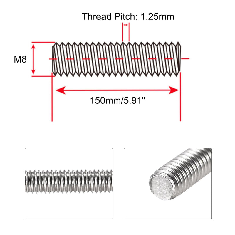 M8 x 150mm Fully Threaded Rod & Studs, 304 Stainless Steel Right Hand Threads Rods, M8-1.25 Thread Pitch for Anchor Bolts, Clamps, Hangers and U-Bolts 2pcs 【with Nuts】 6-Inch