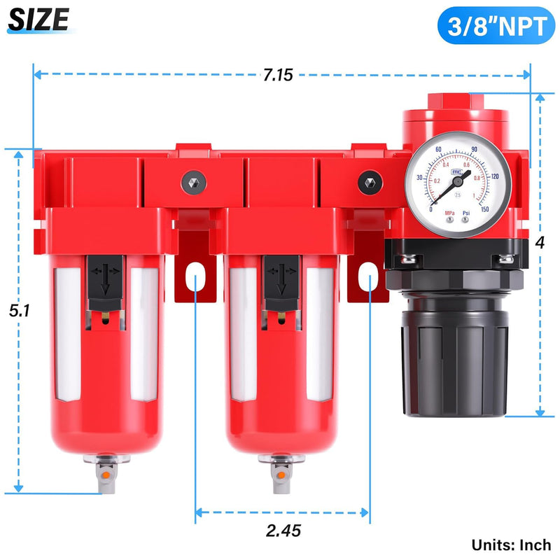 TAILONZ PNEUMATIC 3/8 Inch NPT 150PSI 3 in 1 Air Filter Pressure Regulator Combo Piggyback, Air Tool Compressor Filter, 5 Micron Filter Element(Manual Drainage)