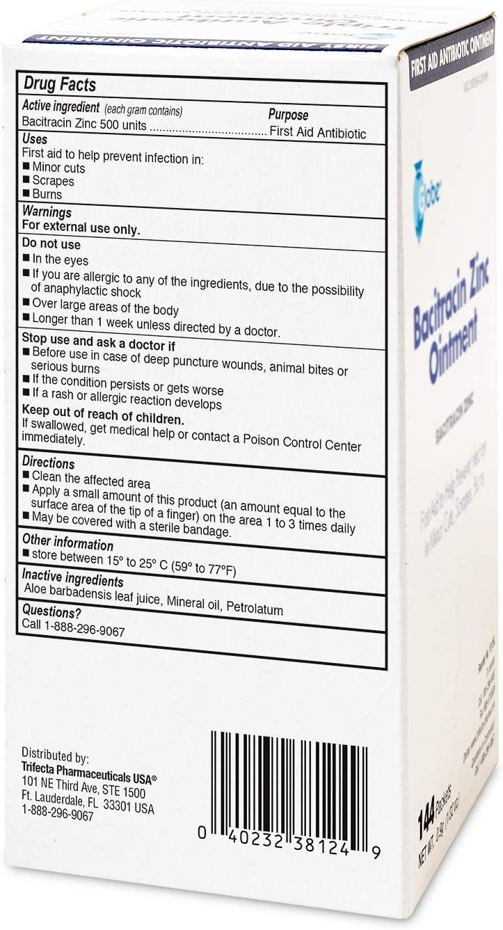 Globe (144 Packets) Bacitracin Antibiotic Zinc Ointment 0.9g Packet. First Aid to Prevent and heal infections for Minor cuts, scrapes and Burns. 144 Count (Pack of 1)