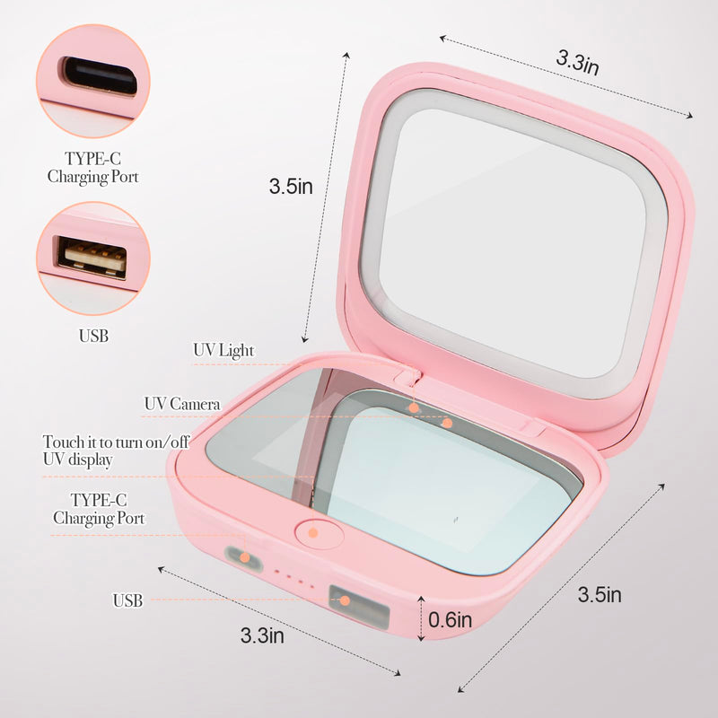 UV Camera Mirror for Sunscreen Test & SPF Detection, 1x/2x Magnifying Travel Mirror with Dimmable LED Lights, Handheld 2-Sided Portable Makeup Mirror for Handbag/Pocket,Pink Pink