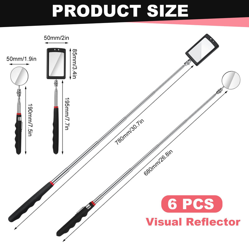 6 Pcs Telescoping Inspection Mirror,Retractable Round Mechanical Mirror Tool,Under Vehicle Square Inspection Mirror,Car Visual Reflector,Retractable Detection Mirror Repair Tool