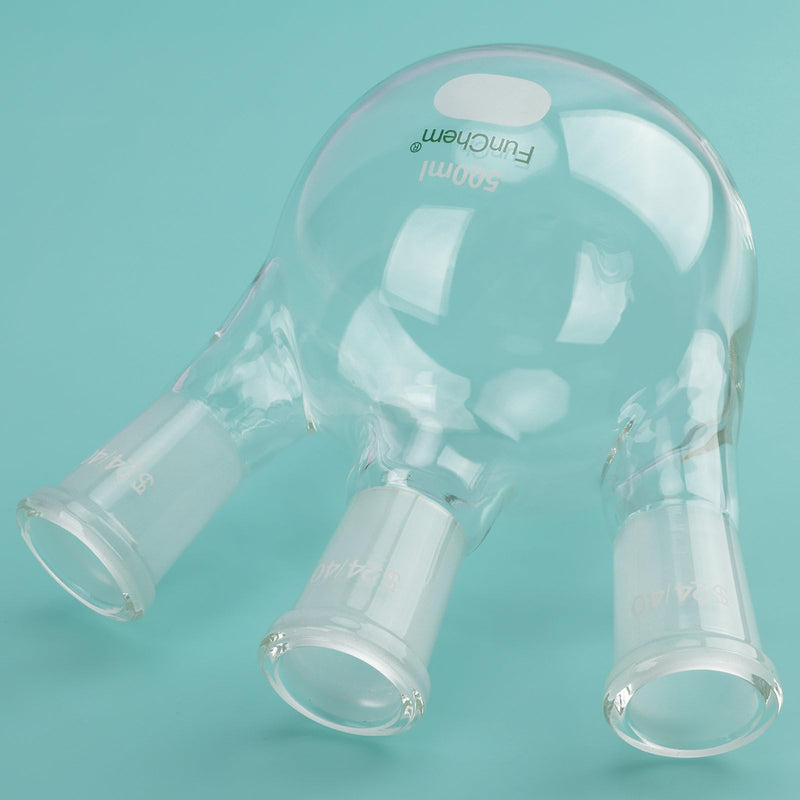 FunChem Three Necks Round Bottom Flask RBF, Glass 3-Neck Boiling Flask with 24/40 Standard Taper Outer Joint, 500 ml