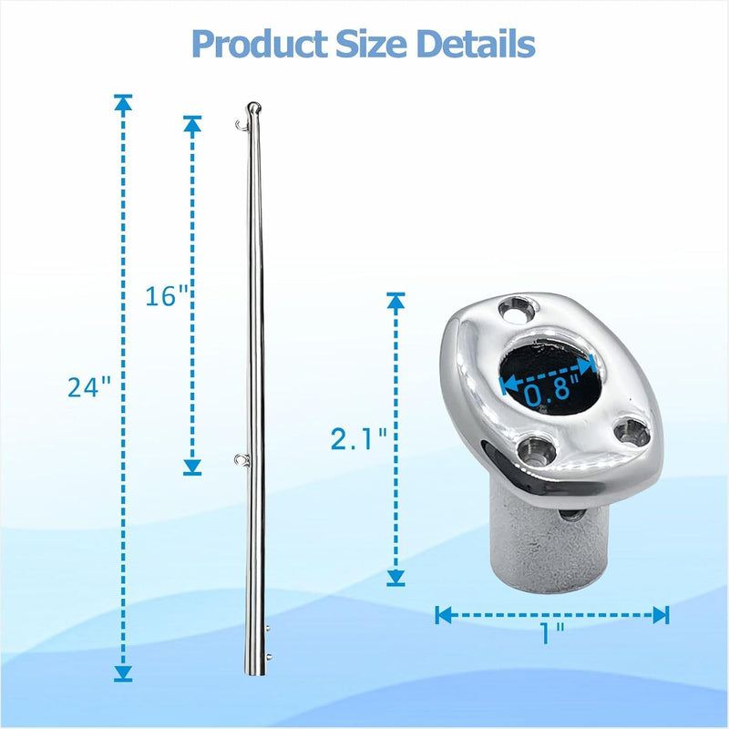 24-Inch Marine Flag Pole with Mount Base, 316 Stainless Steel Boat Flag Pole Holder for Yacht, Pontoon, Truck & Dock, Fits 3/4" ID Tube A