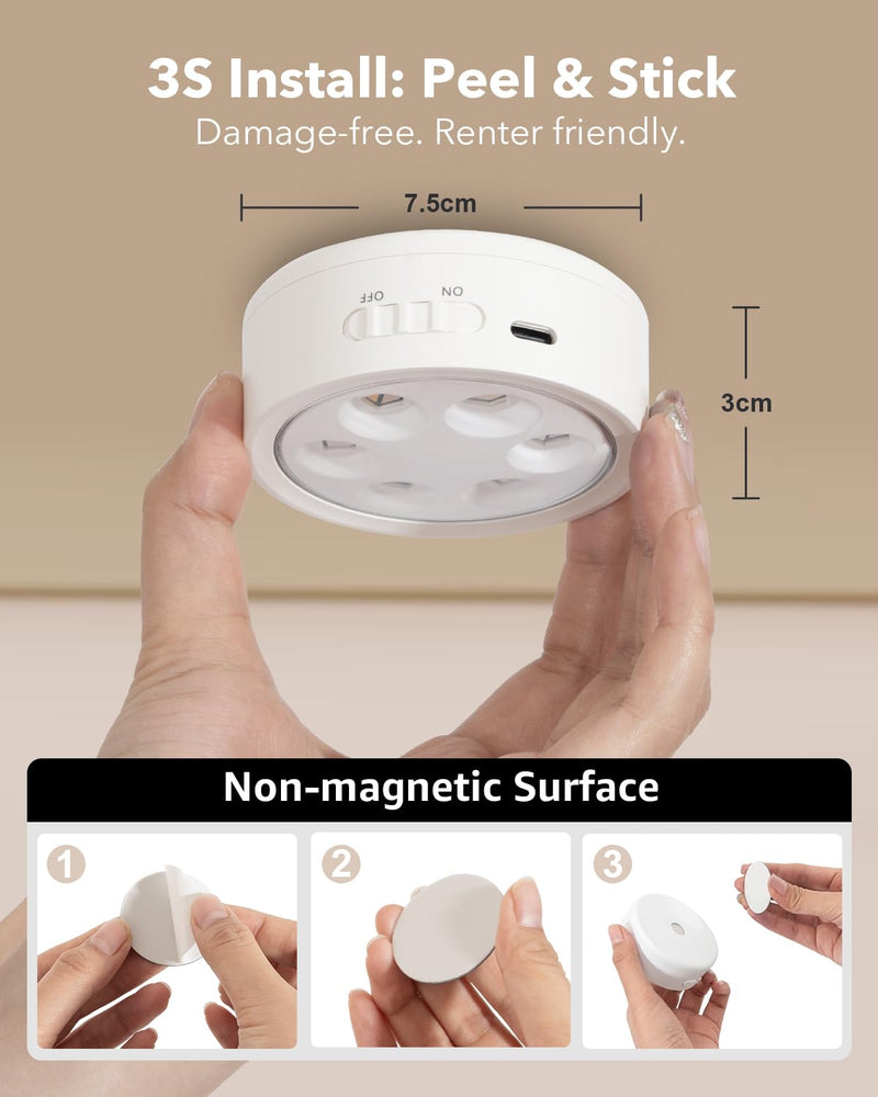 Rechargeable Puck Lights with Remote Control, 2400mAh Battery Powered LED Tap Light Push Lights Stick On for Closet USB Display Shelf Light Magnetic Under Cabinet Press Button Lighting for Classroom 3000K/4500K/6000K 6 Pcs