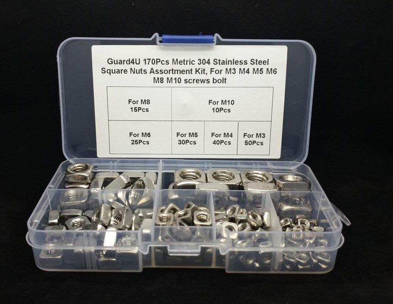 170Pcs Metric 304 Stainless Steel Square Nuts Assortment Kit, for M3 M4 M5 M6 M8 M10 Screws Bolt