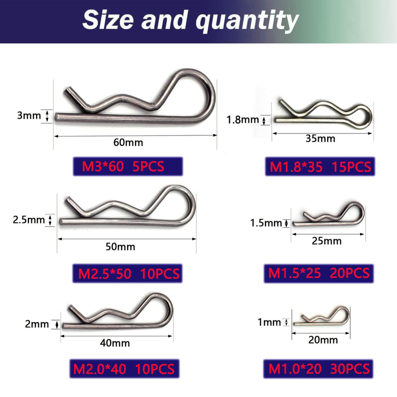 90 Pcs 6 Sizes Stainless Steel Hitch Pin Clip R Clips Retaining Pins Tractor Cotter Pin Hair Pin Assortment Spring Clip Retainer Pins Kit for Hitch Pin Lock System, Trucks, Engine Repair