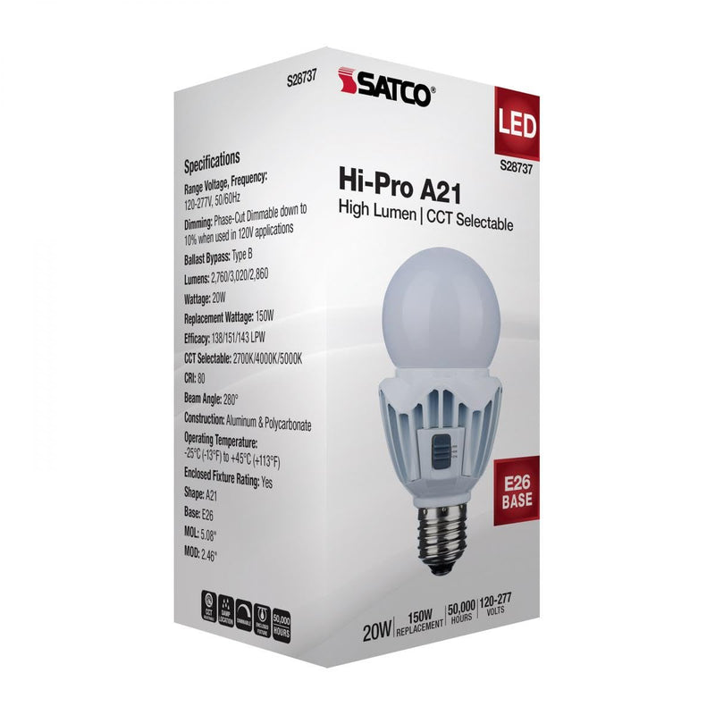 Satco 2 Pack 20 Watt LED A21 Light Bulbs S28737, High Lumen Output, 2700K/4000K/5000K CCT Selectable, E26 Medium Base, White Finish, 120V-277V, Ideal for Wide Areas, Commercial, Residential