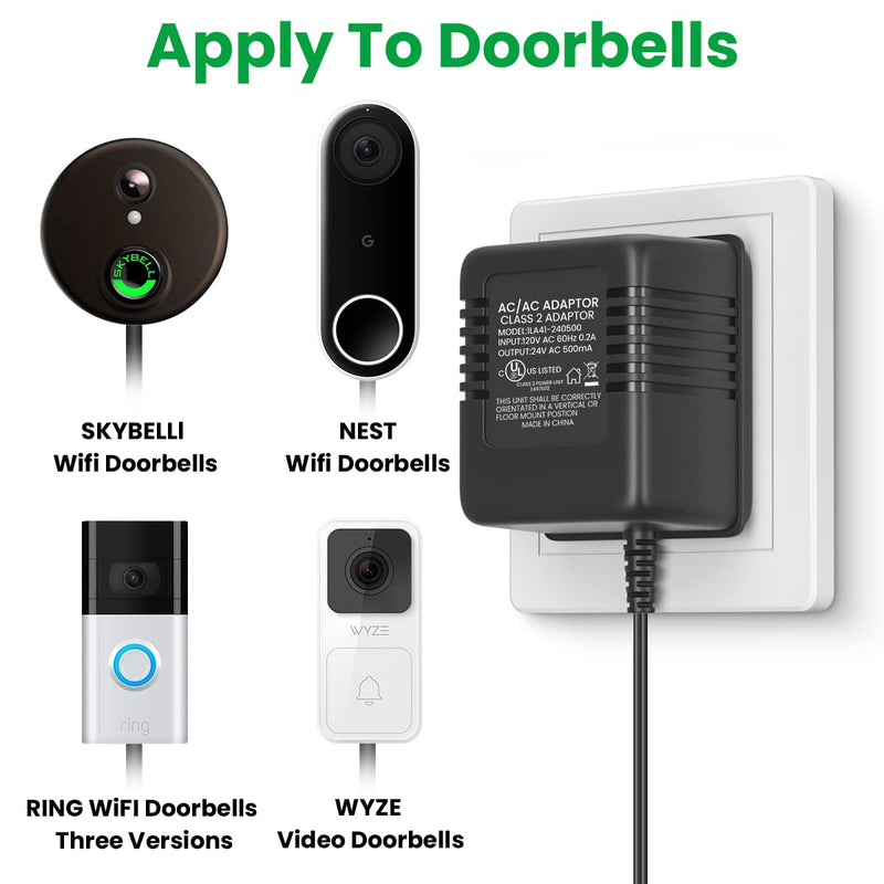 24Volt 500mA UL Certified Doorbell Transformer, C Wire Adapter Thermostat, Competible with All Versions of Ring Doorbell and Thermostat for Nest Ecobee(16.4FT Charging Cable-UL Certified)