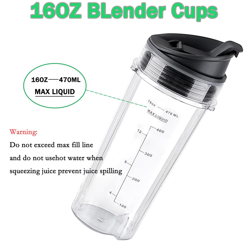Ninja Blender Replacement Parts Compatible with BL770 BL660 BL663 BL663CO BL665Q BL740, 2 Pack Single Serve Ninja Blender 16oz Cups with Sip & Seal Lids &6 Fins Ninja Blender Blade Assembly