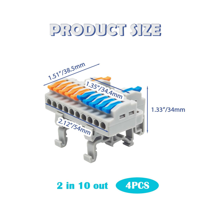 4PCS DIN Rail Terminal Blocks with 8PCS Removable Rail Clip Quick Wiring Cable Connectors Push-in Wire Connector for Circuit Inline 28-12AWG (2 in 10 Out) 2 IN 10 OUT