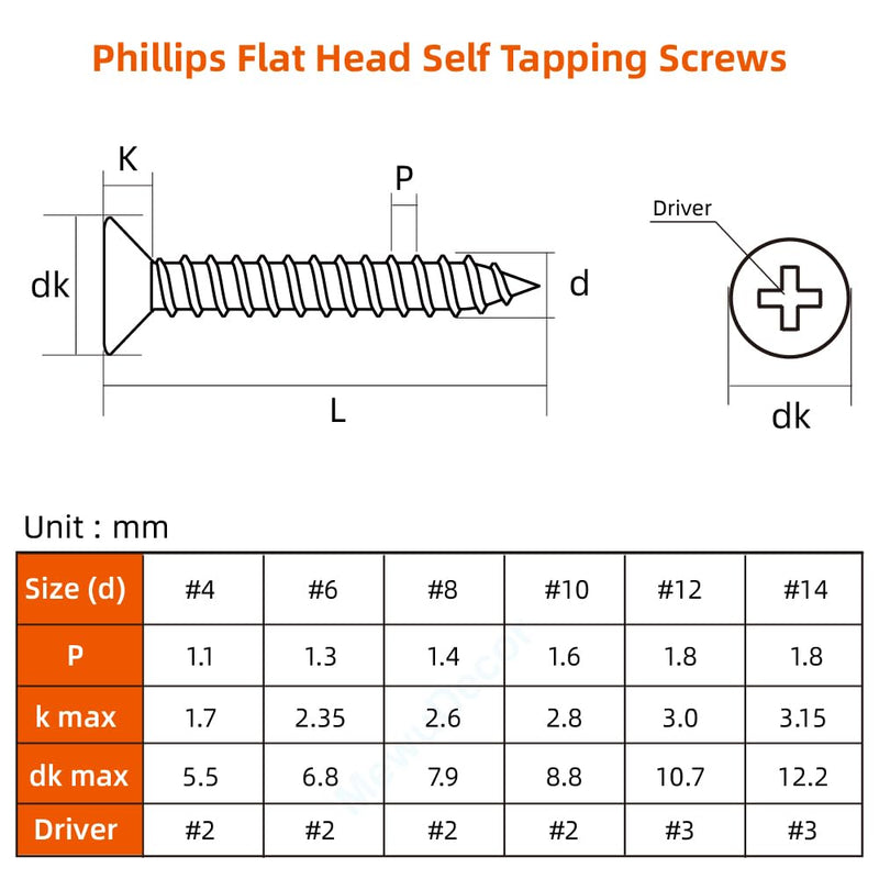 #10 x 1" Flat Head Sheet Metal Screws Wood Screws, Self Tapping, Stainless Steel 18-8, 50 PCS #10 x 1"