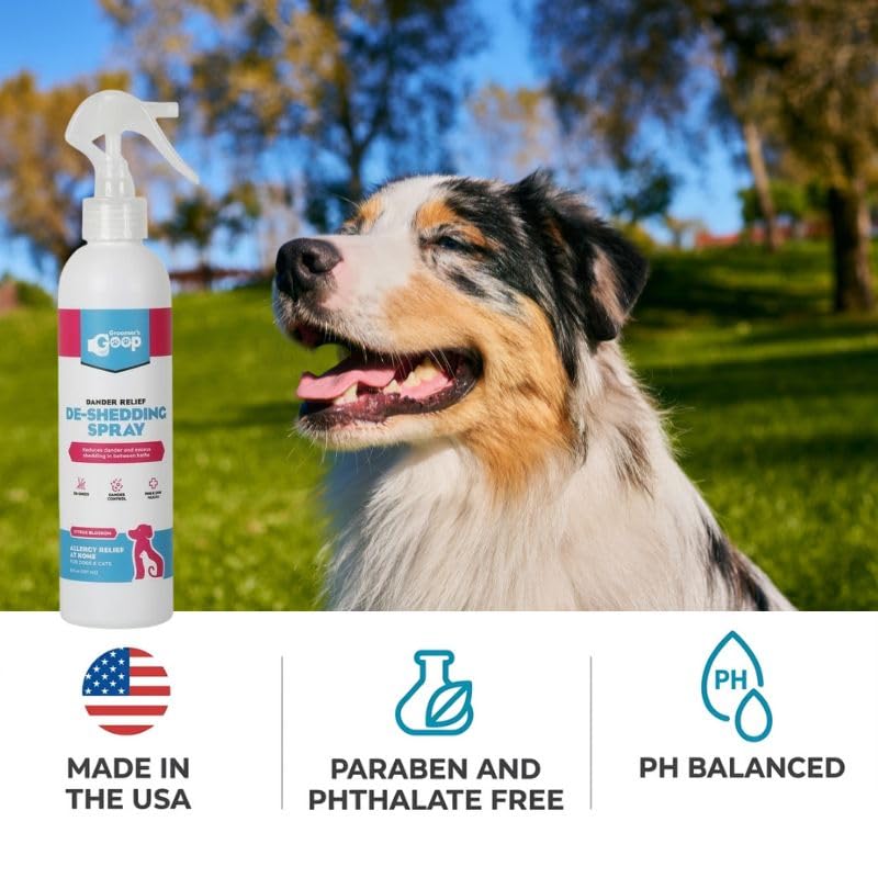Groomer’s Goop Dander Relief Deshedding Spray – Leave-in Formula Soothes Dry Skin, Reduces Shedding & Dander, Moisturizes with Vegan Collagen & Zinc, Coconut Cleansers – 8 oz
