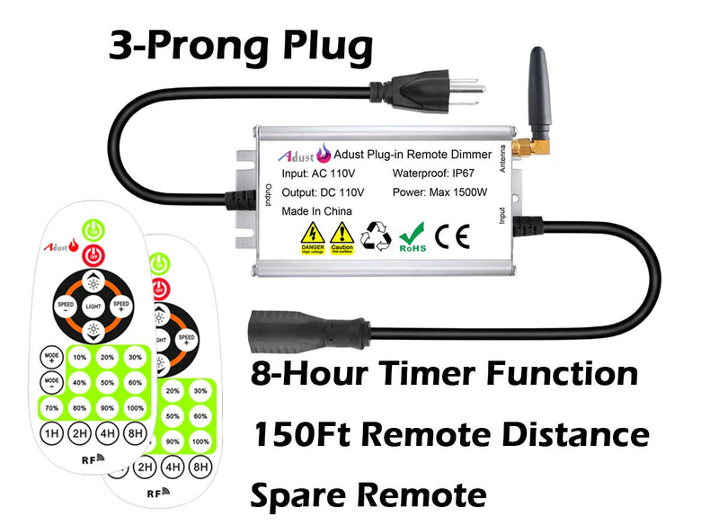 Outdoor Dimmer for String Lights 1500W, IP67 Waterproof/150FT Range/Timer Control/3 Prong Outlet for Outdoor LED String Lights & Incandescent Bulbs, Wireless RF Remote Plug-in Dimmer Switch