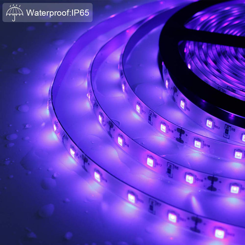 LED UV Black Light Strip Kit, Ultraviolet Waterproof IP65 16.4FT/5M 3528 300LEDs, 395nm-405nm Blacklight for DJ Bar Club Party Decor Night Fishing with 12V Power Supply 12V Waterproof