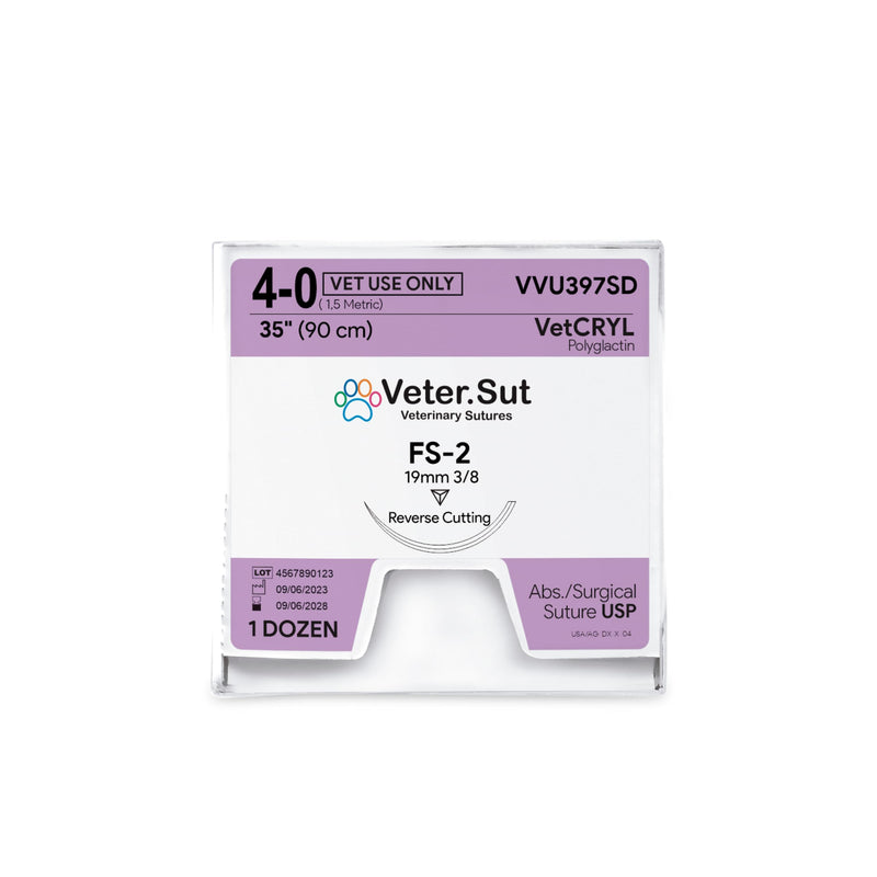 VeterSut VetCRYL Absorbable Polyglactin Surgical Suture USP Size 4-0, (FS-2) 3/8 19mm Reverse Cutting Needle, 36 Inches (90 cm), 12 Count, Veterinary Use