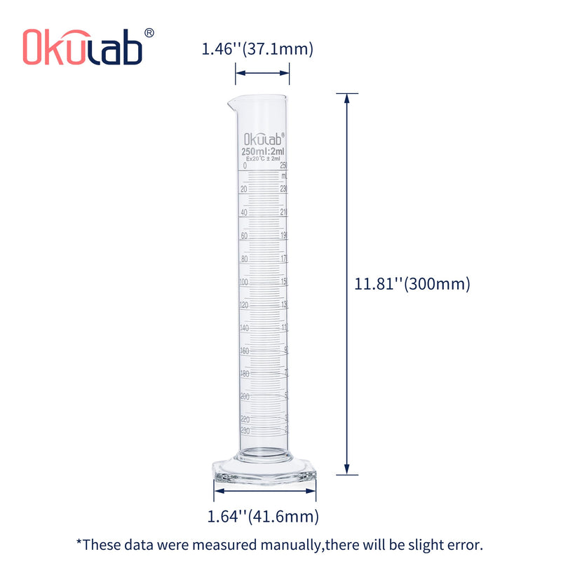 Graduated Cylinder, 2pcs of Vol.250ml, Borosilicate 3.3 Glass Cylinder, Lab Cylinders Glass Measuring Cylinder,MCG250A2 2 Pcs of 250ml