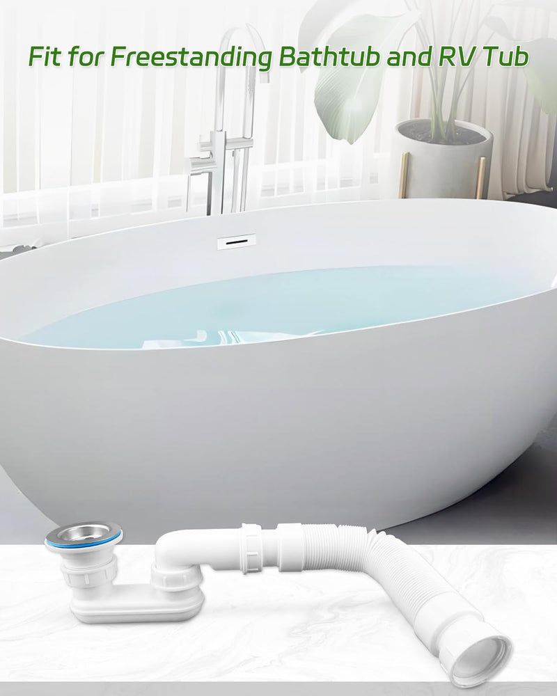 Bathtub Shower Drain Pipe, Low Profile 1-1/2" P Trap Fit for Freestanding Bathtubs and RV Bathtubs