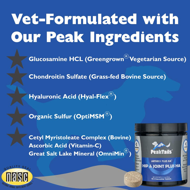 KALA HEALTH PeakTails Hip & Joint Plus HA for Dogs – 90 Tablets, Glucosamine, Chondroitin, OptiMSM, Vitamin C & Hyaluronic Acid – Supports Joint Mobility & Comfort 90 Count