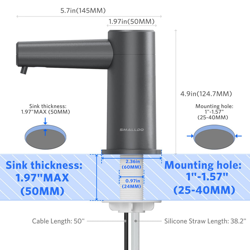 Automatic Sensor-Activated Built-in Foam Soap Dispenser for Kitchen Sinks, Plug-in Power Supply, Includes a 38-inch Silicone Extension Tube. Designed for Kitchens and Bathrooms (Dark Gray)