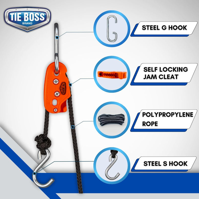 Tie Boss - 1/4 Inch, Medium Duty, (150 lbs Working Load Limit), Weather Resistant, Tie Down, Rope Tightening System, (w/15 ft Rope) (Pack of 1) (Orange) orange