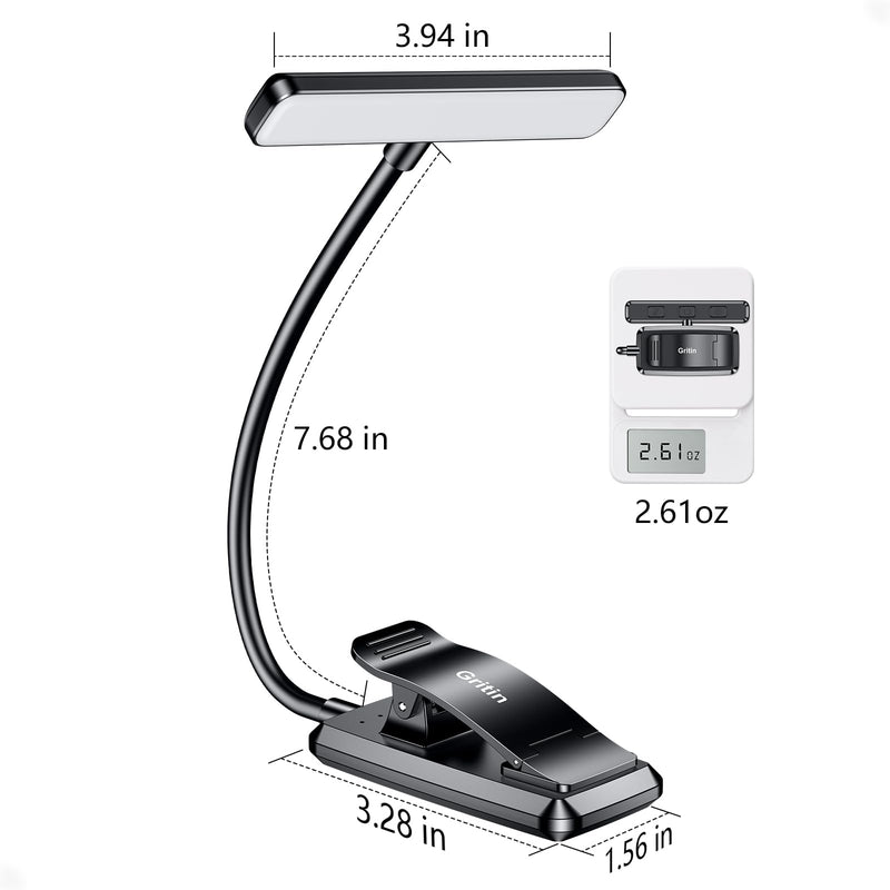 Gritin 19 LED Rechargeable Book Light for Reading in Bed with Memory Function- Eye Caring 3 Color Temperatures,Stepless Dimming Brightness,80 Hrs Runtime Lightweight Clip On Light for Book Lovers Black