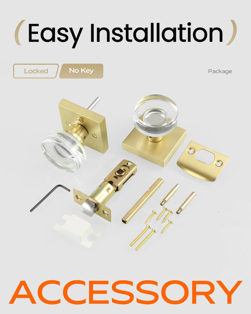 Leydebong 2 Pack Crystal Door Knobs, Gold Door Handles Interior, Premium Bathroom/Bedroom Door Levers with Lock, Glass Door Knobs Privacy Function with No Key Satin Brass - Privacy