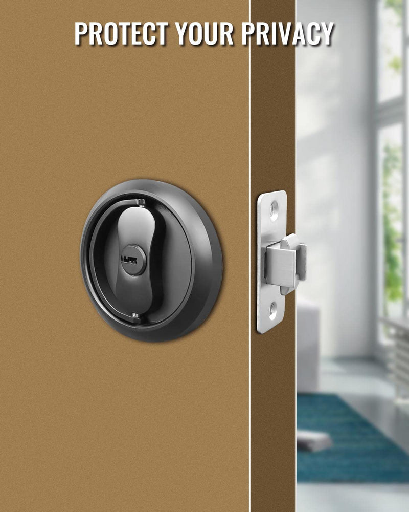 Pocket Door Lock with Key with Ring Pull Function 2 3/8" Backset, Round Sliding Pocket Door Lock for Bed or Bath, Brushed Satin Nickel Silver Black Pocket Door Lock with Key