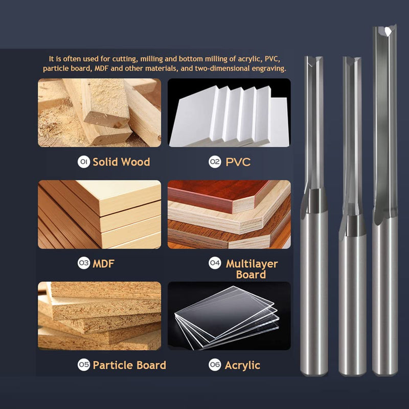 HOZLY 1/8 Inch Straight Router Bits Set (CED 1.0mm 1.5mm 2.0mm 2.5mm 3.175mm ) Milling Cutter 2 Flutes Double Edged CNC Cutting Tungsten Steel for Wood MDF Acrylic Milling