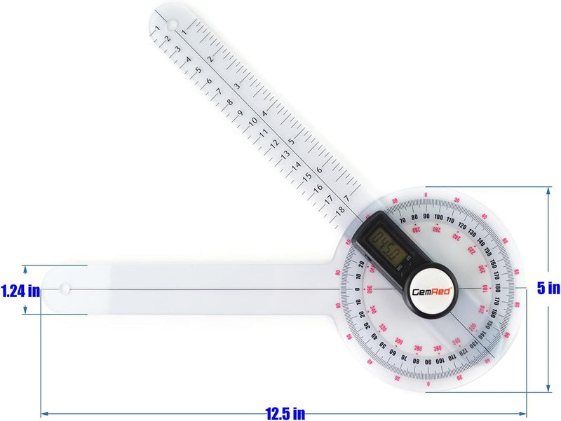 GemRed 12" Digital Goniometer 360 Degree Physical Therapy Plastic Protractor for Joint Range of Motion ROM Measurement 300mm
