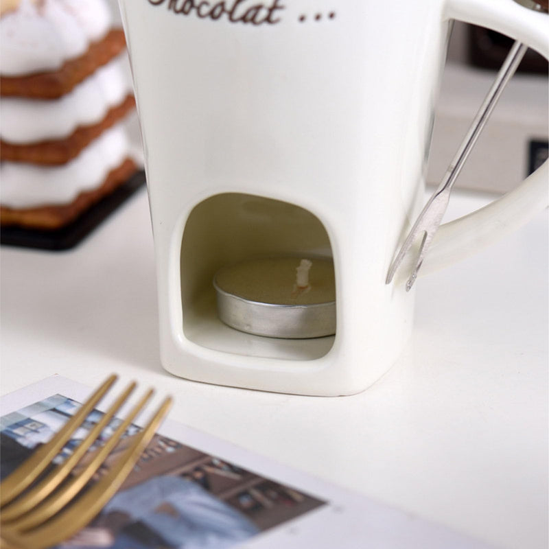 Chocolate Fondue Mug, Premium Ceramic Tealight Candle Heated Melting Cup with Fork for Dessert Parties Romantic Dinners Family Gatherings White 4.7 Inches