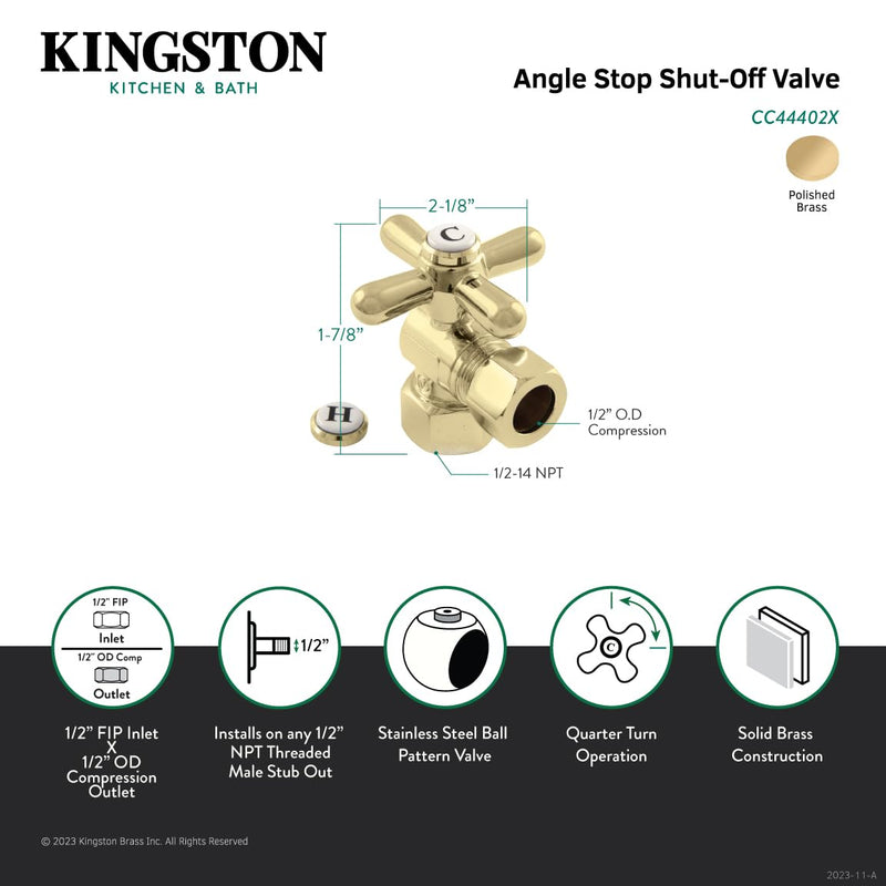 Kingston CC44402X Quarter-Turn Angle Shut-Off Valve, Polished Brass