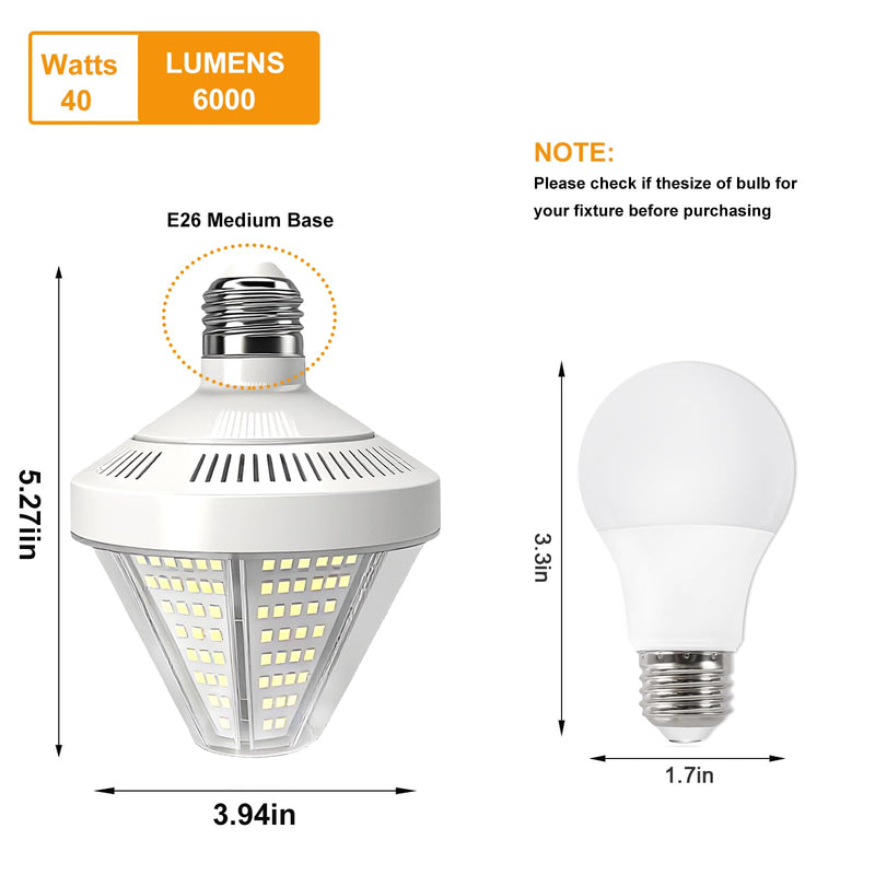 6000 Lumen LED Corn Cob Light Bulb, 40 watt, 400 watt Equivalent, 5000K Daylight Light, E26 E27 Base, Garage Light Bulb, 100-277v Energy Saving LED Lights for Indoor Outdoor 2 Pack