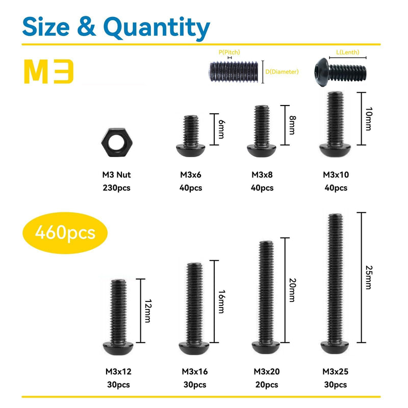 460Pcs M3*6/8/10/12/16/20/25mm, Button Head Socket Cap M3 Screws Bolts and Nuts Assortment Kit with 1 Hex Wrench, Black Zinc Plated, 8.8 Grade Alloy Steel M3 460Pcs 6mm-25mm