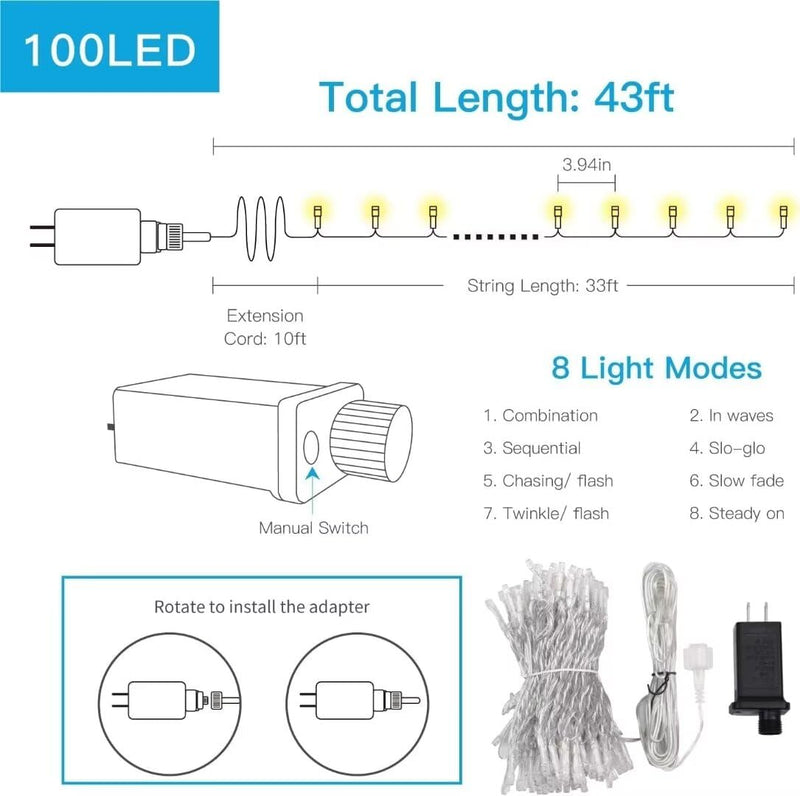 suddus Led String Lights Outdoor Indoor, 33FT 100 Led Fairy Lights Plug in, Christmas Twinkle Lights for Bedroom, Home, Door, Room, Classroom, Dorm, Yard, Party Decorations Warm White 100LED