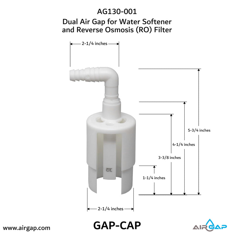 Dual Air Gap for Water Softener and Reverse Osmosis with 5/8 or 1/2-inch and 3/8 or 1/4-inch inlets, 1-1/2 or 2-inch Standpipe (8500, GAP-CAP, AG130-001)