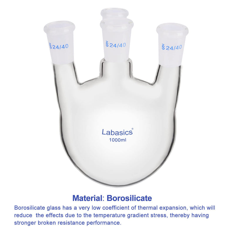 Labasics Round Bottom Flask with 4 Upright Necks, Heavy Wall Borosilicate Glass Round Bottom Boiling Flask with 24/40 Standard Taper Outer Joint, for Laboratory Use, 1000 ml