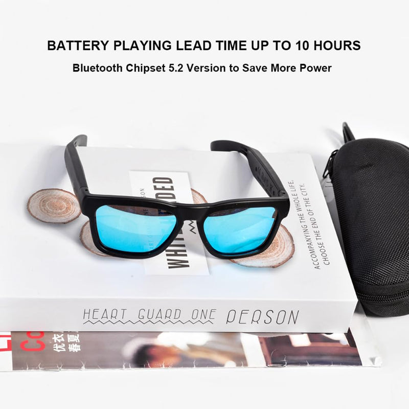 OhO Smart Glasses,Polarized Sunglasses with Bluetooth Speaker,Athletic/Outdoor UV Protection and Voice Control,Unisex(Mirror Blue Lens) Black Frame-blue Lens