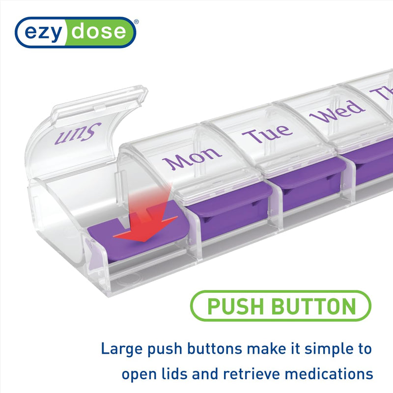 EZY DOSE Weekly (7-Day) AM/PM Daily Pill Organizer, Vitamin Case, and Medicine Container, X-Large Compartments, Arthritis Friendly, Convenient with Effortless Portability, Clear/Purple Lids, BPA Free Purple X-Large 8.75"x2"x1"