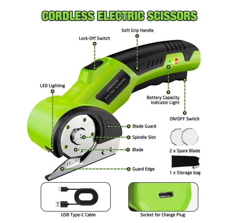 Cordless Electric Scissors,4V Rechargeable Cardboard Cutter Heavy Duty Scissor with Safety Lock & LED Light for Box Carpet Plastic Fabric(Green)