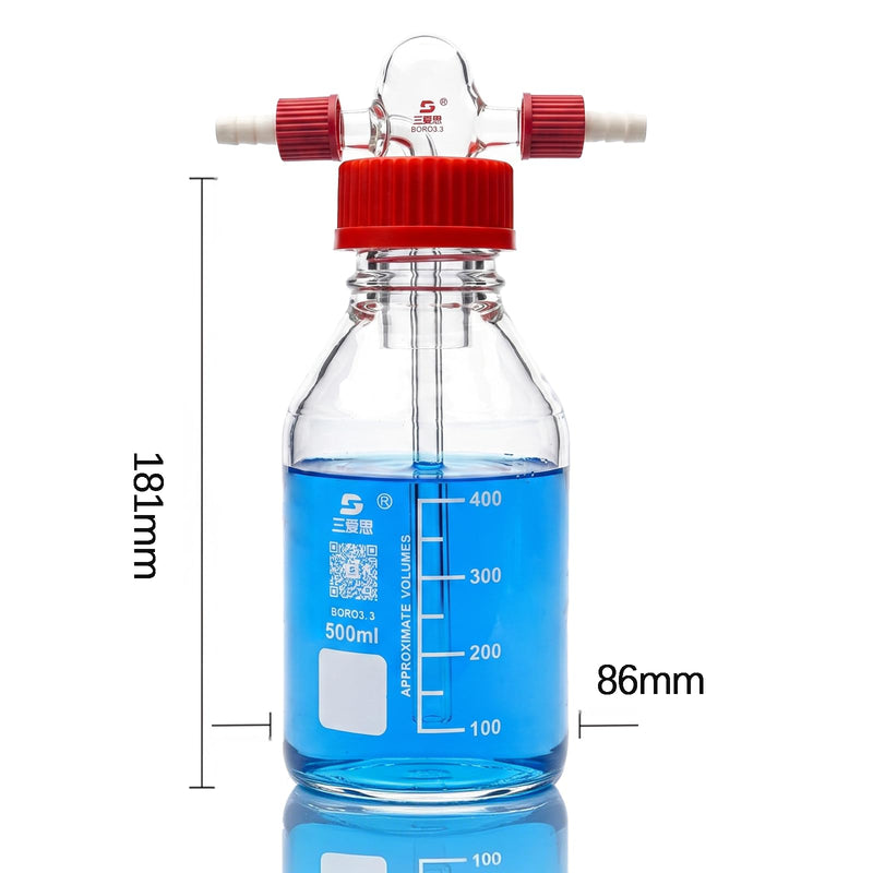 TISMART Gas Washing Bottle Glass Bubbler BORO3.3 GL45 500mL 1set | GL45 Head with 2 Threads GL14 PBT Red Screw Cap Gas Purification 500.0 milliliters 1 Gas Washing Bottle 500ML 1 Set