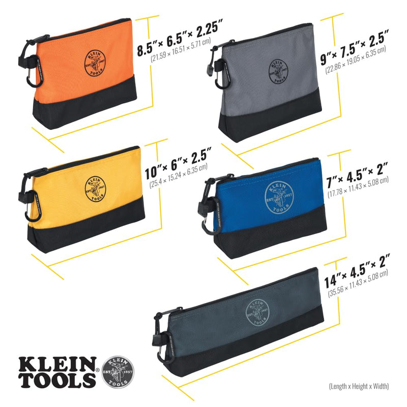 Klein Tools 55569 Stand-Up Zipper Bag Tool Pouch with Carabiners, Reinforced Gusseted Bottoms, Water Resistant 1680d, Multi-Size 5-Pack HOLSTER