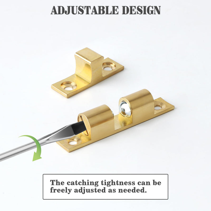 Alise Double Roller Catch Cabinet Latches,Adjustable Double Ball Tension Roller Catch Latch Brass Cabinet Door Latch,67mm Solid Brass Cabinet Latches and Catches,Pack of 4 67mmX40mm Gold