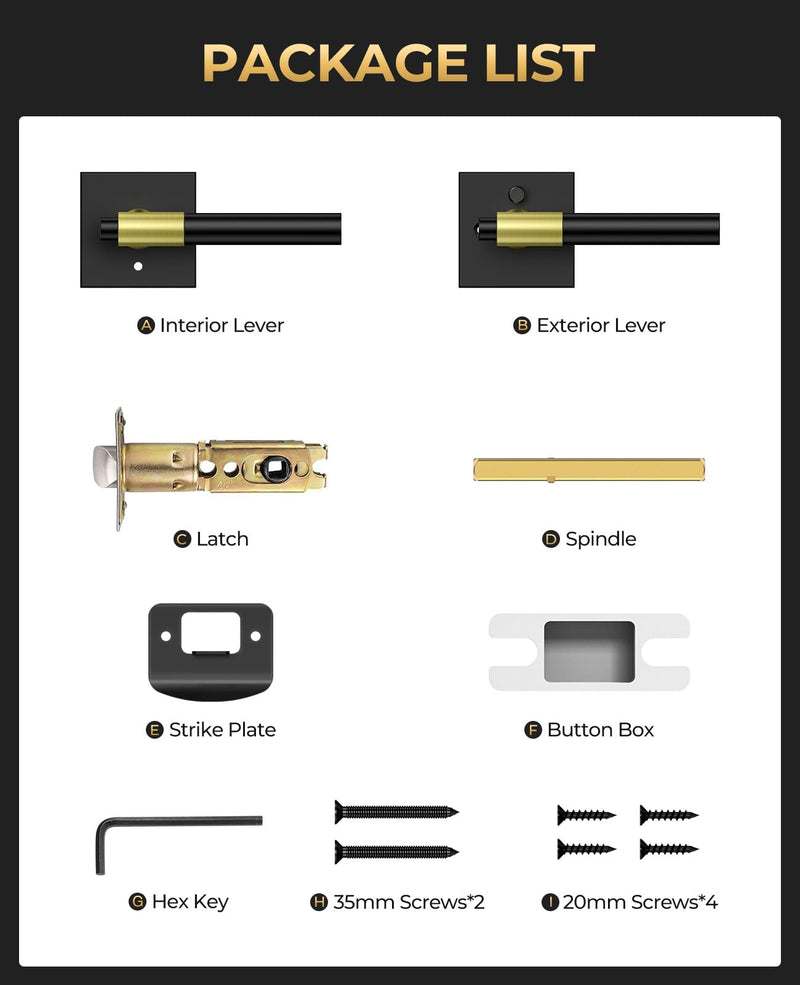 Black and Gold Door Handles Interior with Lock, Zinc Alloy Modern Privacy Lever Door Knobs Interior for Bedroom & Bathroom, Reversible for Left or Right-Handed, 1 Pack