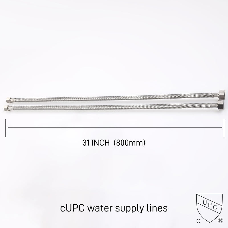 31 Inch Faucet Water Supply Lines, 3/8" Comp x 1/2" FIP Connector Braided Stainless Steel Bathroom Kitchen Faucet Hose, Extra Long cUPC Sink Hose with Tee Valve, 2 Pack 31 Inch