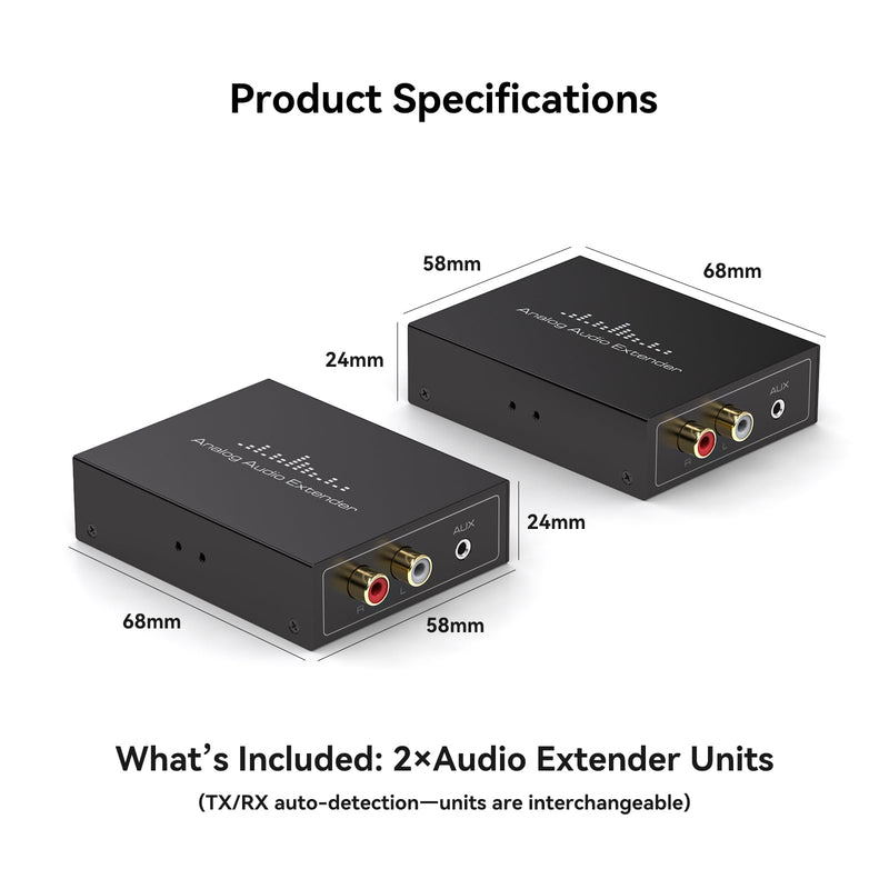 Analog Audio Extender RCA 3.5MM Stereo Over Ethernet LAN Single Cat5e/6 Cable, up to 1640FT/500M No External Power Required for Home Theater Church AMP Long Distance Audio Transmission Black