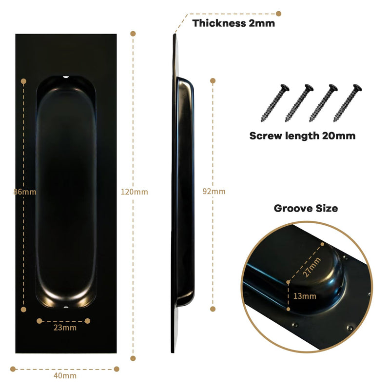 Lethato Matte Black Pocket Door Hardware Set, 2 Recessed Flush Finger Pull 1 Edge Pull, Stainless Steel Pocket Door Pull Rectangular Barn Door Hardware Door Handle - 1 Pack 1 Set with Pull - Matte Black