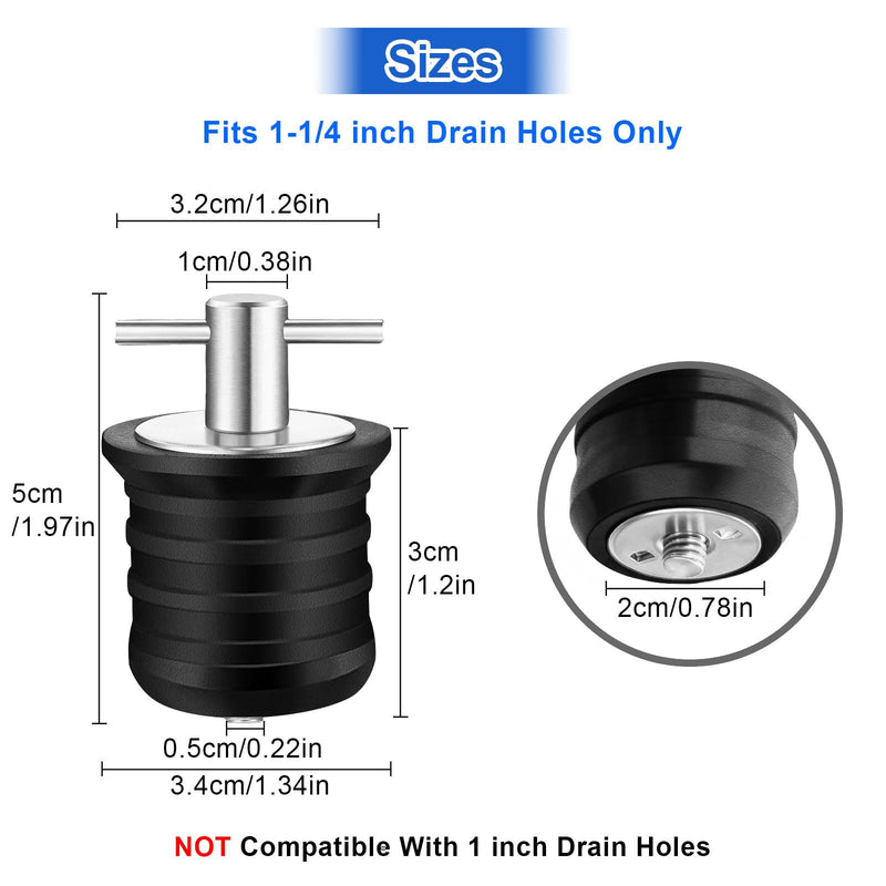 Linkstyle 4PCS Boat Drain Plugs for 1-1/4 Inch Drain Holes, Stainless Steel T-Handle Drain Plug, Twist-Turn Leak-Proof Rubber Plug for Boats, Yachts, Kayaks Silver