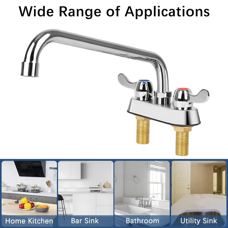 Deck Mount Bar Sink Faucet with 12" Swivel Spout, 4 Inch Center Commercial Utility Sink Faucet for Kitchen Laundry Restaurant Compartment Sink, Brass Constructed 12" Spout
